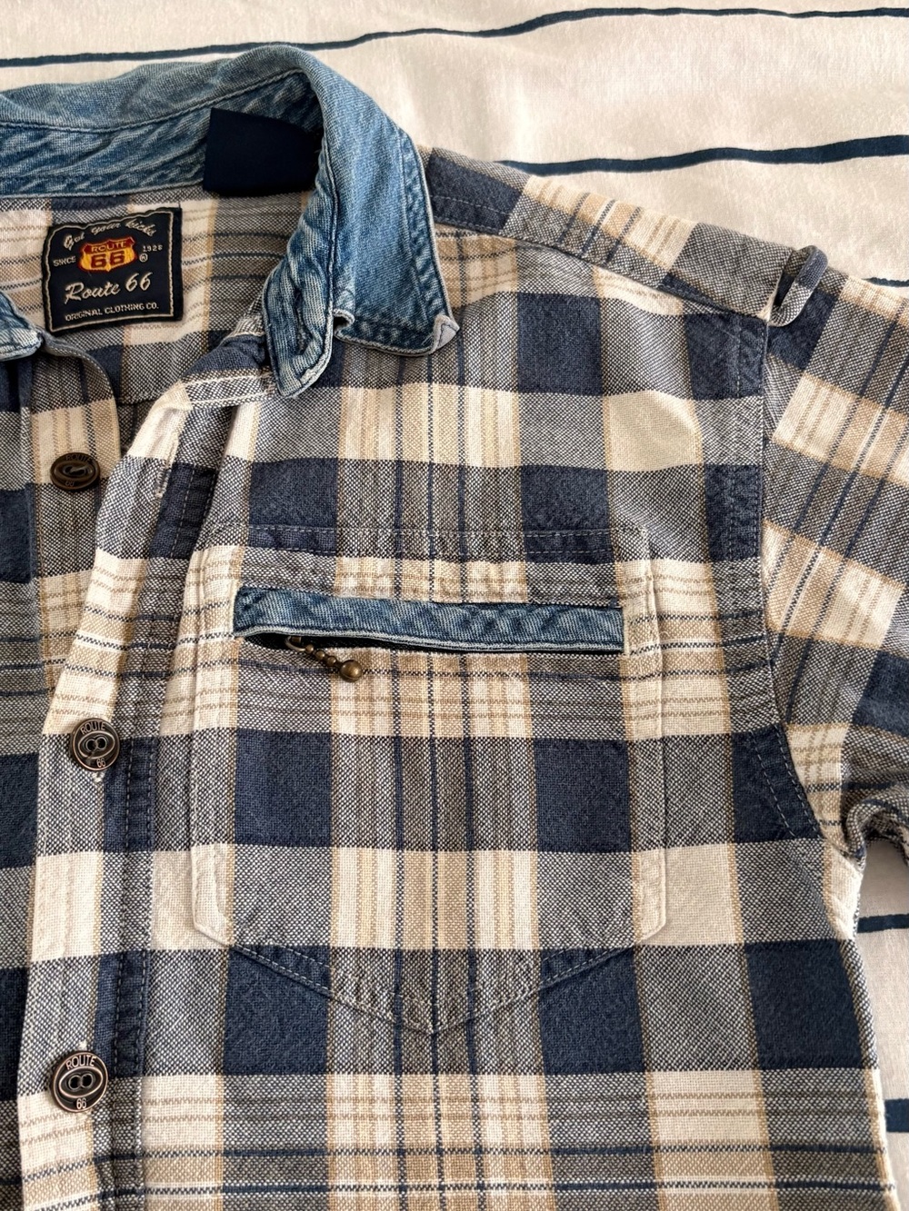 Route 66 Men's Blue and Cream Plaid Shirt with Denim Trim